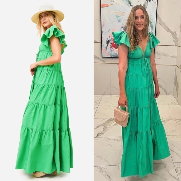 ALC Flutter Short Sleeve V-Neck Empire Waist‎ Front Tie Ruffle Tier Maxi Gown 6 - Picture 4 of 16